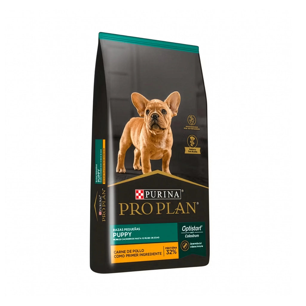 Pro Plan para Cachorros Razas Pequeñas en bolsa de alimento seco, con cachorro de raza pequeña y fórmula Optistart.