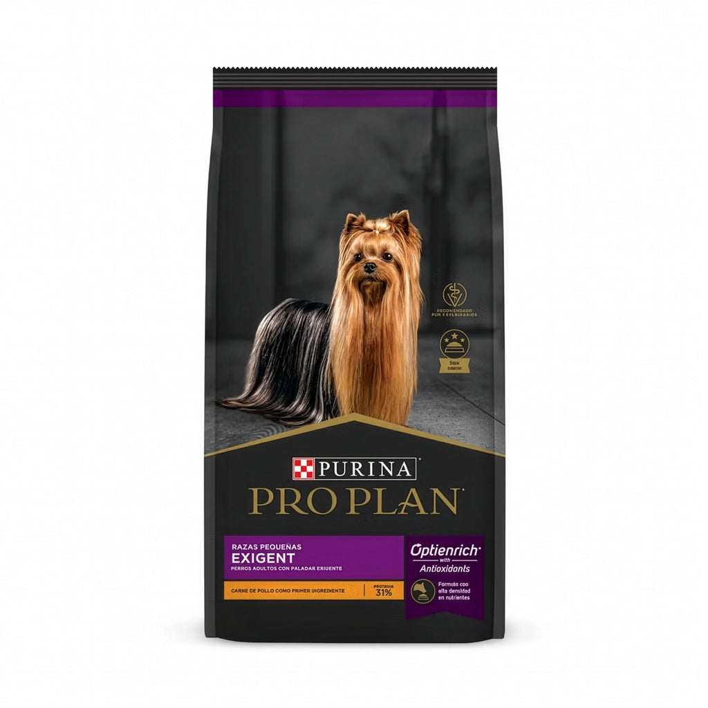 Pro Plan Exigent Razas Pequeñas, alimento seco para perros adultos exigentes, con Yorkshire Terrier en el envase y pollo.