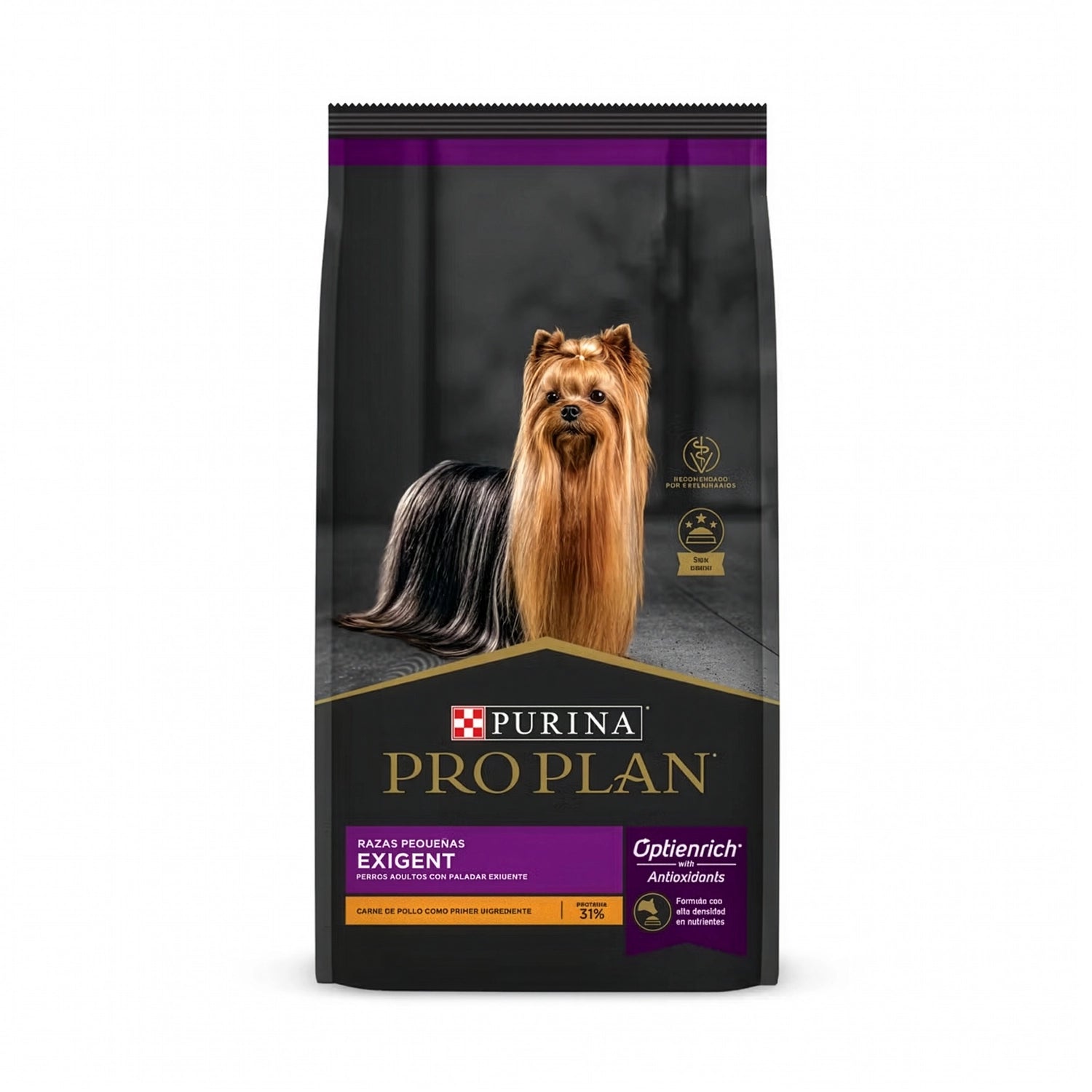 Pro Plan Exigent Razas Pequeñas, alimento seco para perros adultos exigentes, con Yorkshire Terrier en el envase y pollo.