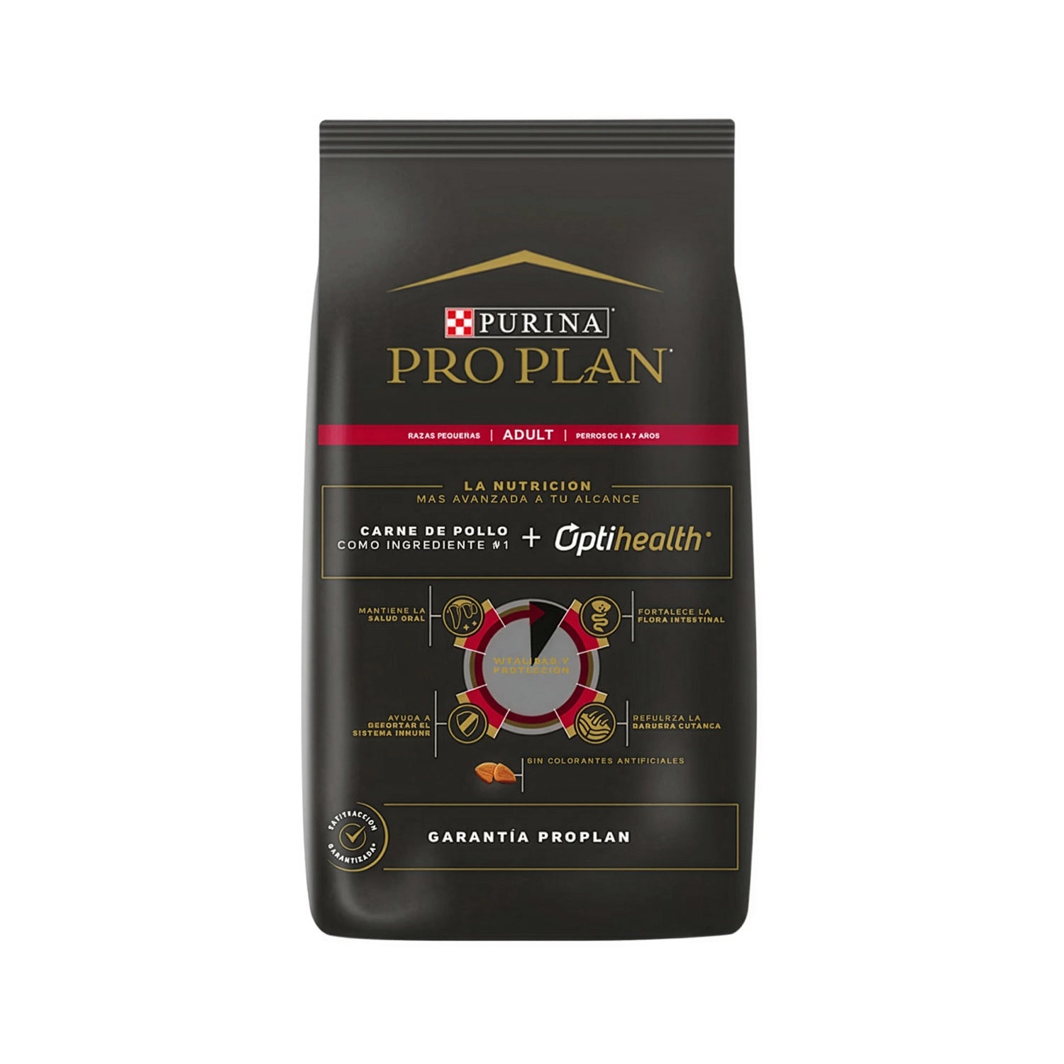 Pro Plan Perro Adulto Razas Pequeñas en bolsa de alimento seco con pollo como primer ingrediente y perro de raza pequeña.