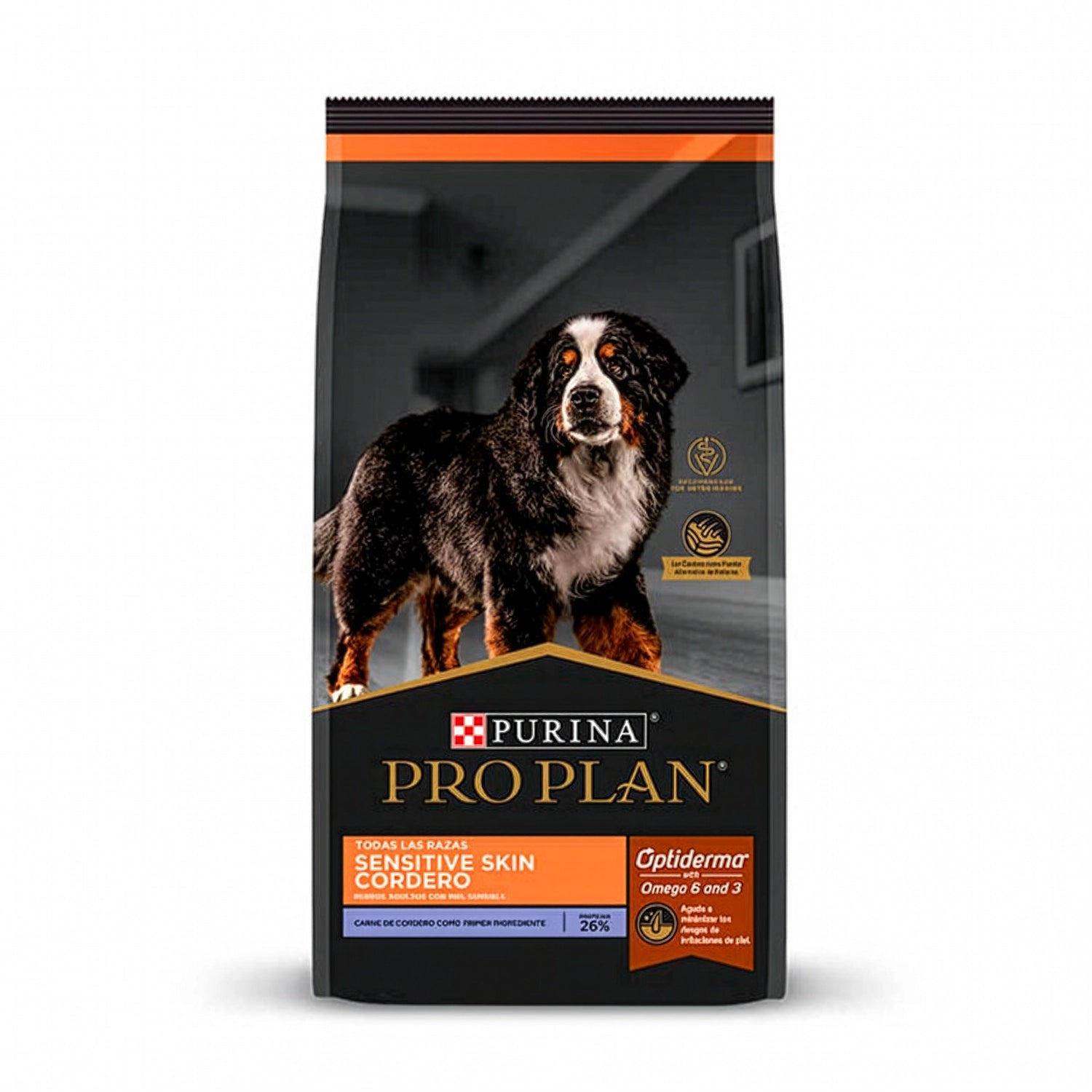 Pro Plan Sensitive Skin Cordero y Arroz Perro Adulto en bolsa, con perro de gran tamaño y fórmula para piel sensible.