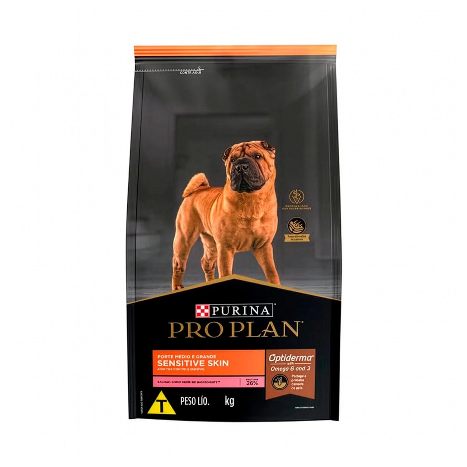 Pro Plan Sensitive Skin Adult Razas Medianas y Grandes, alimento para perros adultos con imagen de perro y fórmula para piel sensible.