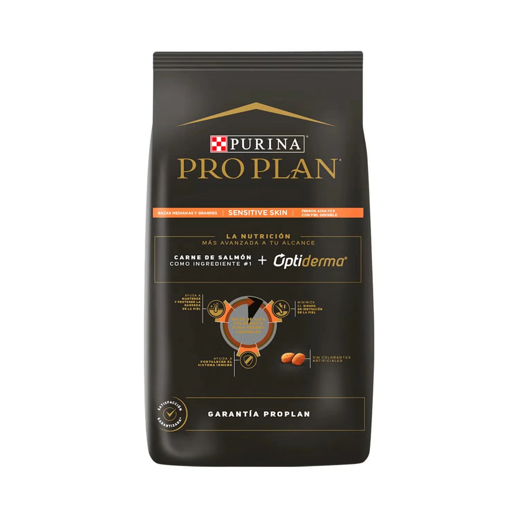 Pro Plan Sensitive Skin Adult Razas Medianas y Grandes, alimento para perros adultos con imagen de perro y fórmula para piel sensible.