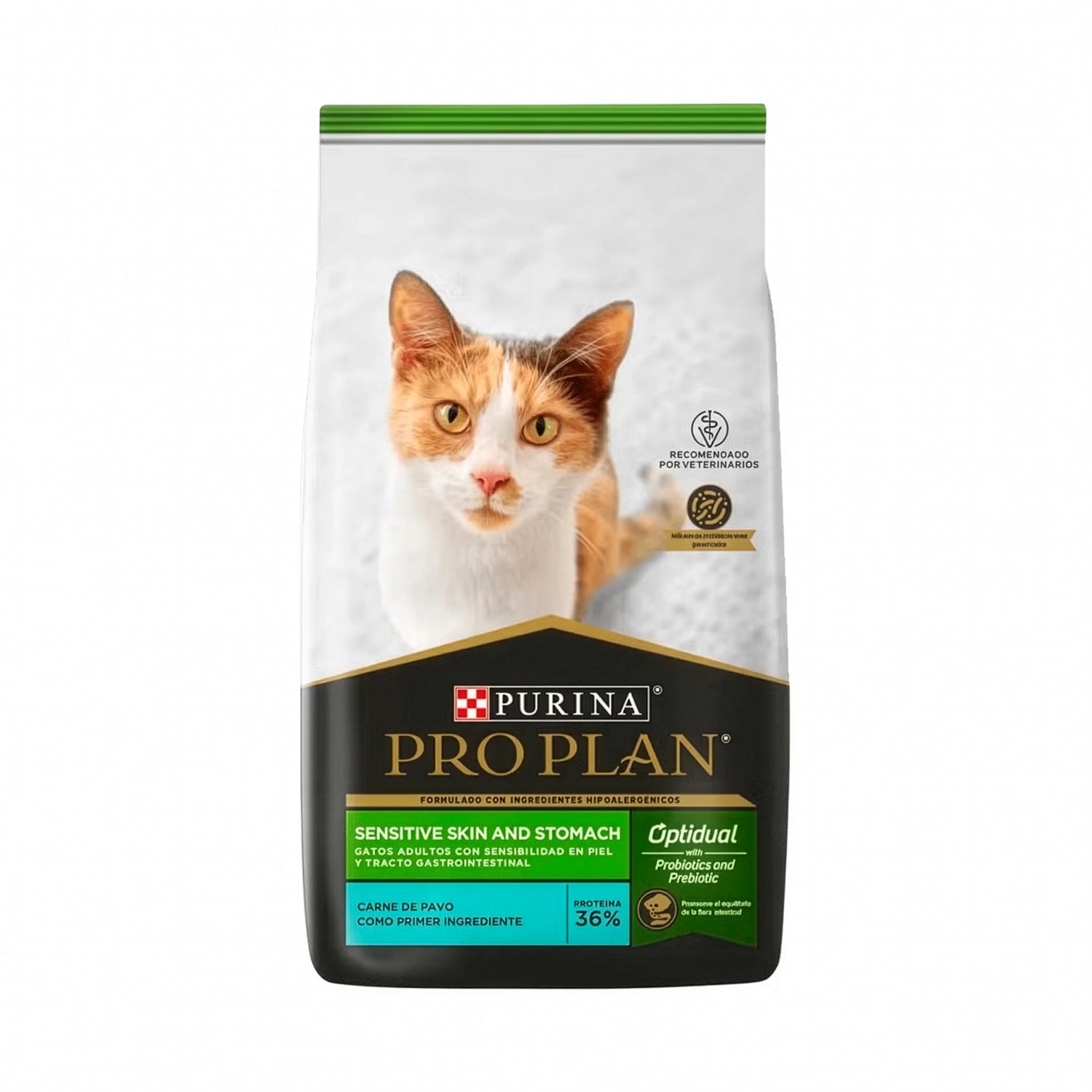 Pro Plan Sensitive Skin & Stomach para Gatos en bolsa con imagen de gato adulto y fórmula con pavo para piel y digestión.