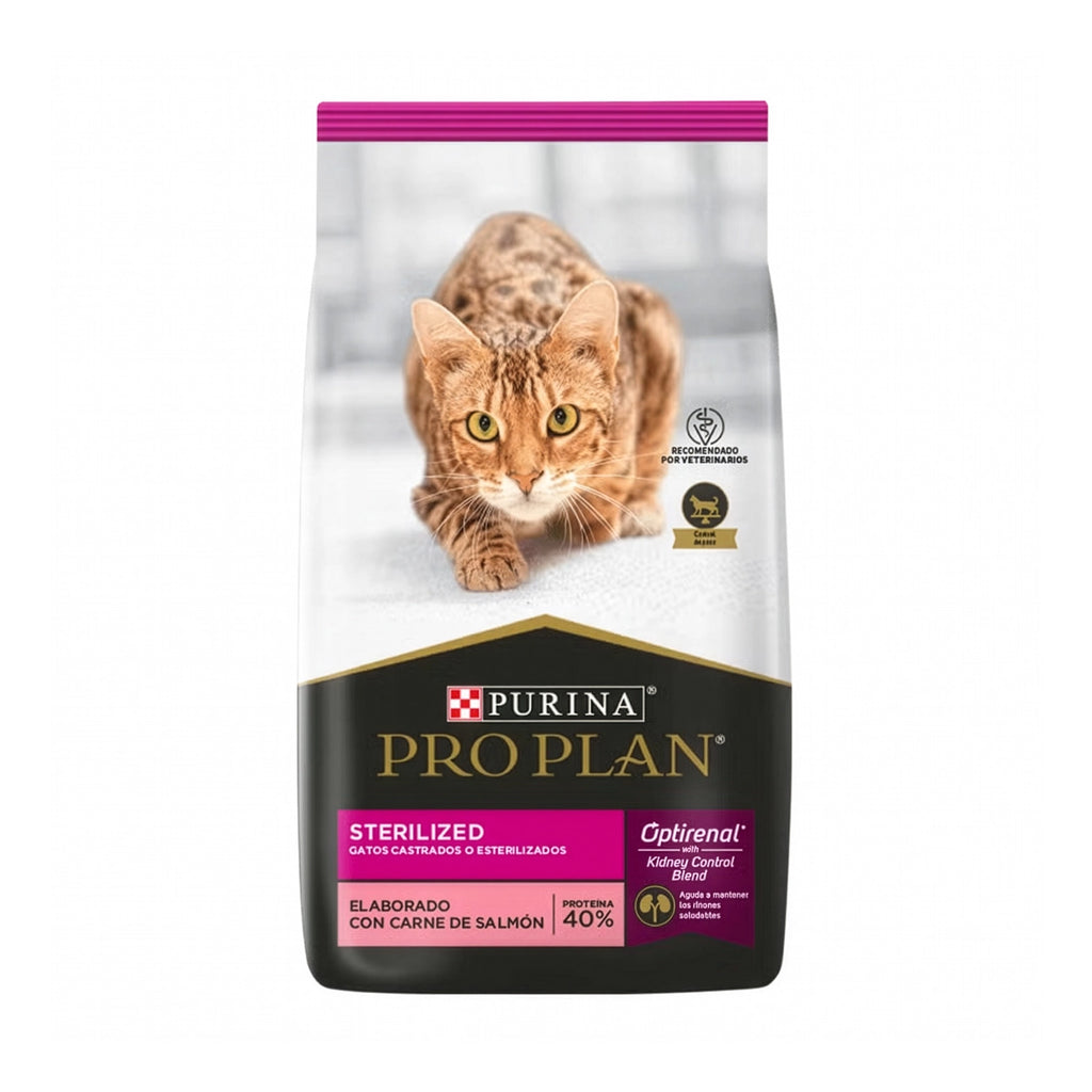 Pro Plan Esterilizado Gatos con salmón, alimento para gatos esterilizados en bolsa con imagen de gato y fórmula Optirenal.