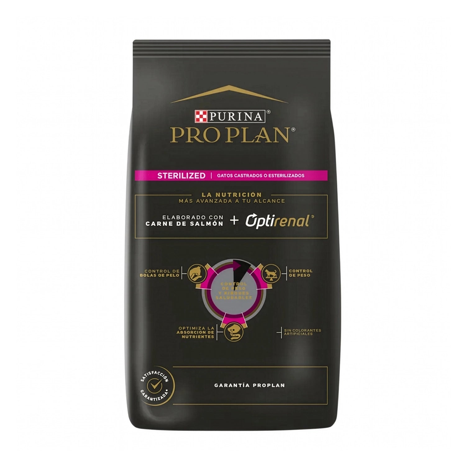 Pro Plan Esterilizado Gatos con salmón, alimento para gatos esterilizados en bolsa con imagen de gato y fórmula Optirenal.