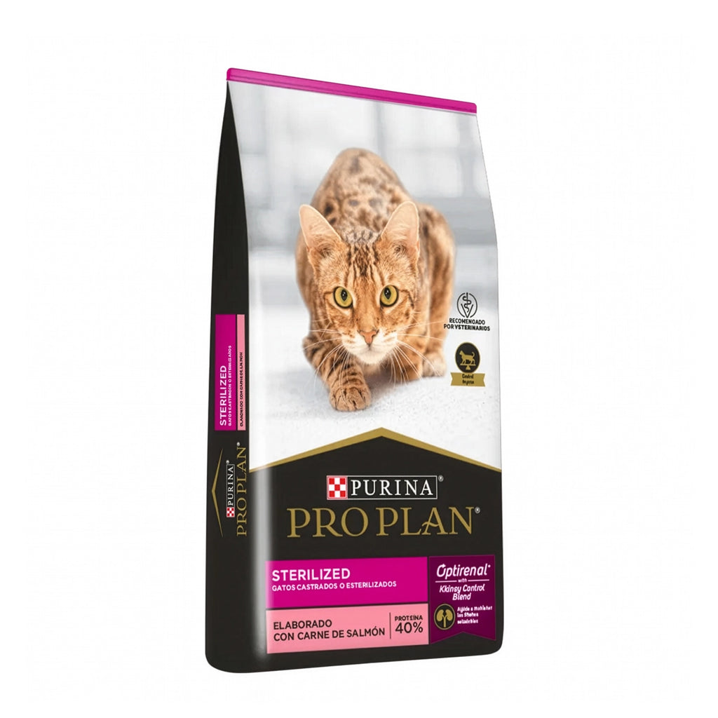 Pro Plan Esterilizado Gatos con salmón, alimento para gatos esterilizados en bolsa con imagen de gato y fórmula Optirenal.