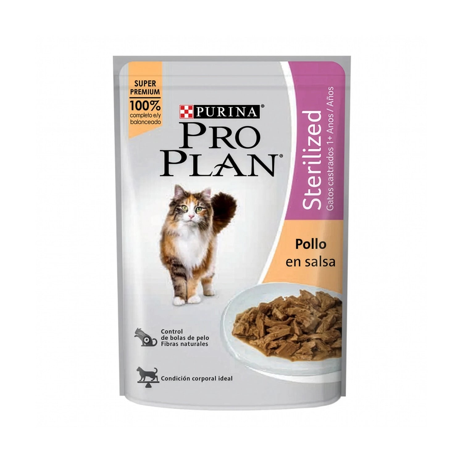 Pro Plan Pouch Gato Esterilizado Pollo con trozos de pollo en salsa, imagen de gato adulto esterilizado y pouch individual.
