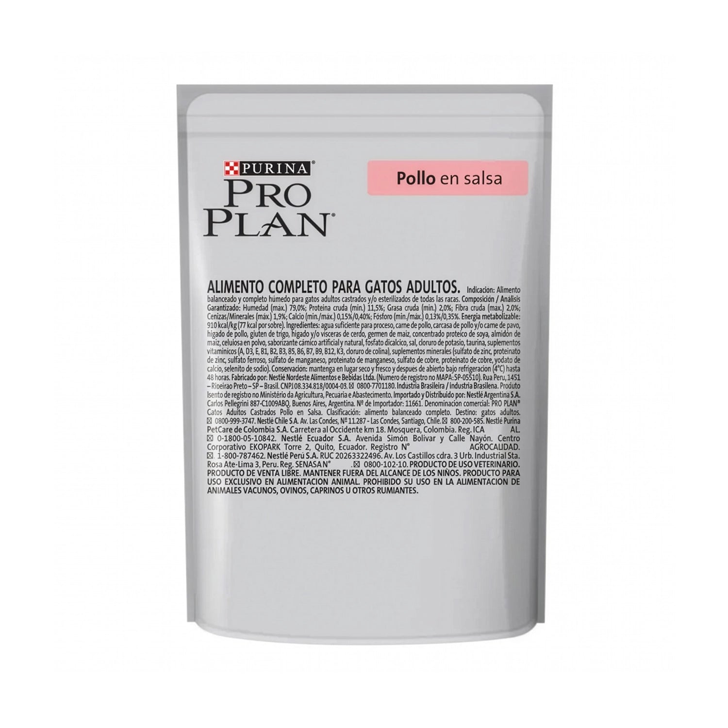 Pro Plan Pouch Gato Esterilizado Pollo con trozos de pollo en salsa, imagen de gato adulto esterilizado y pouch individual.