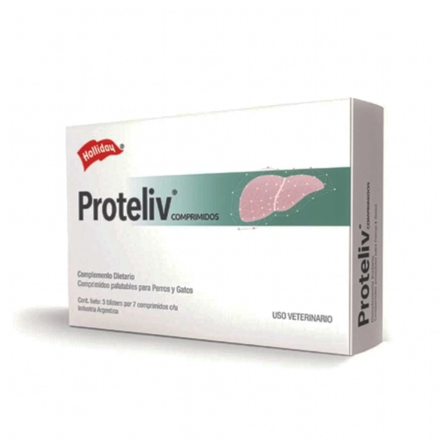 Proteliv Comprimidos para perros y gatos en caja blanca con diseño de hígado y suplemento veterinario oral.