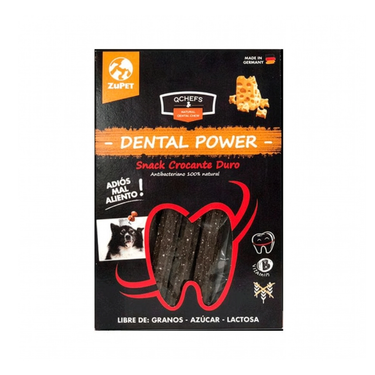 QChefs Crocante Duro para Perros, snack dental en envase negro con barras crocantes visibles en ventana con forma de diente.