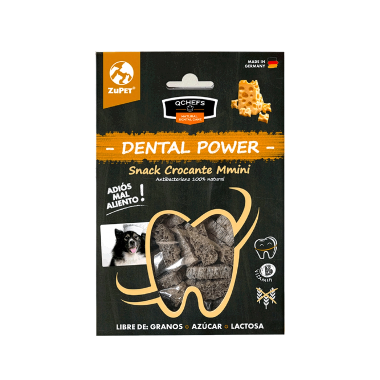 QChefs Mini para Perros Pequeños, snack dental crocante en envase negro con premios visibles y diseño de diente.