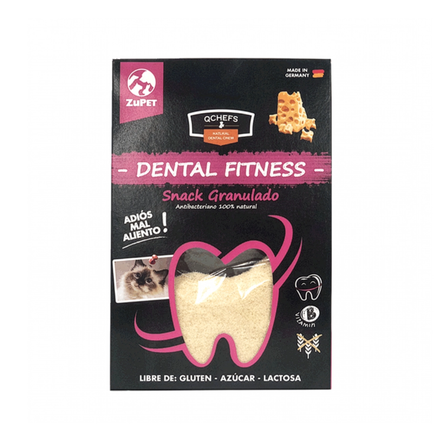 QChefs Granulado para Gatos, snack dental natural en envase negro con granulado visible en ventana con forma de diente.