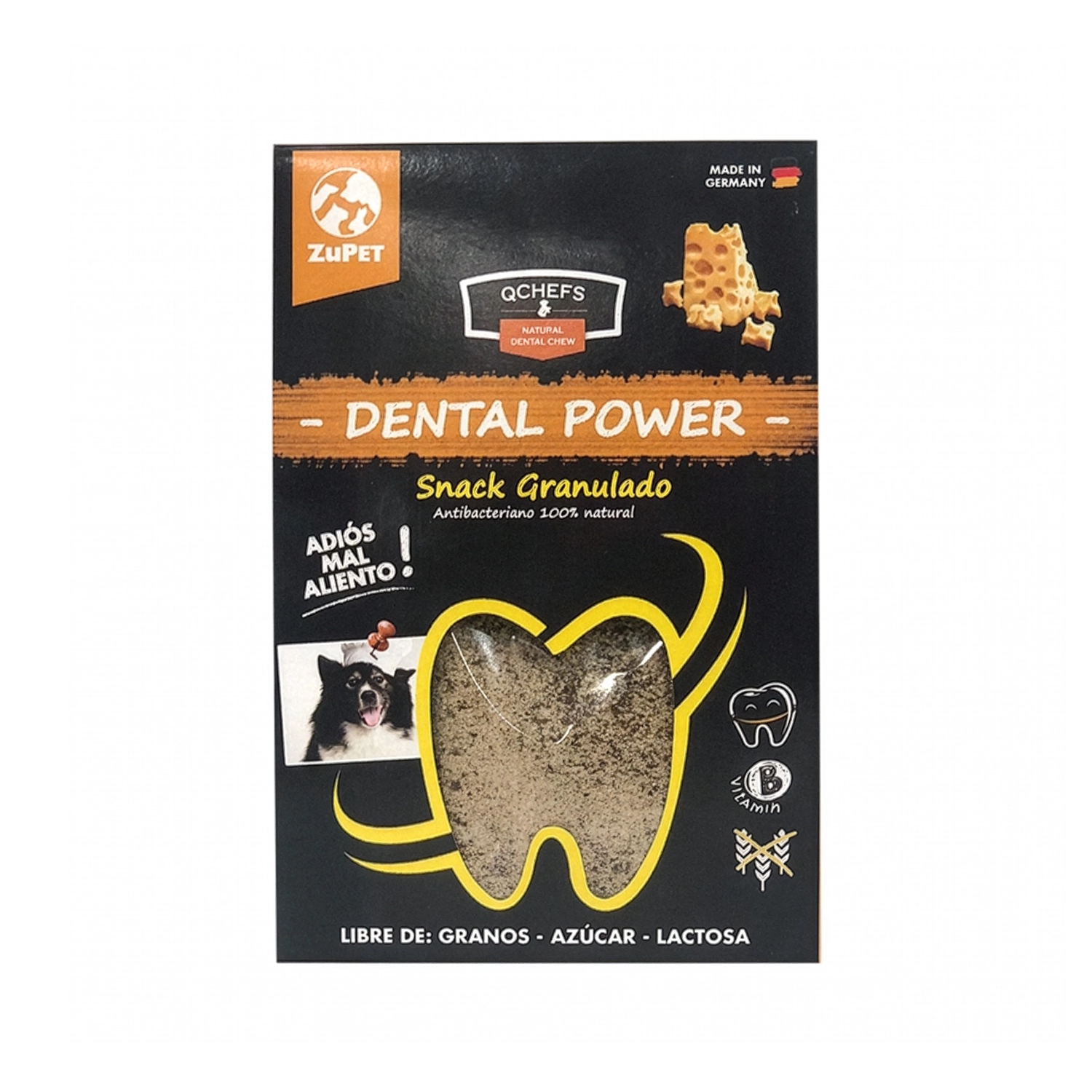 QChefs Granulado para Perros, snack dental natural en envase negro con granulado visible en ventana con forma de diente.