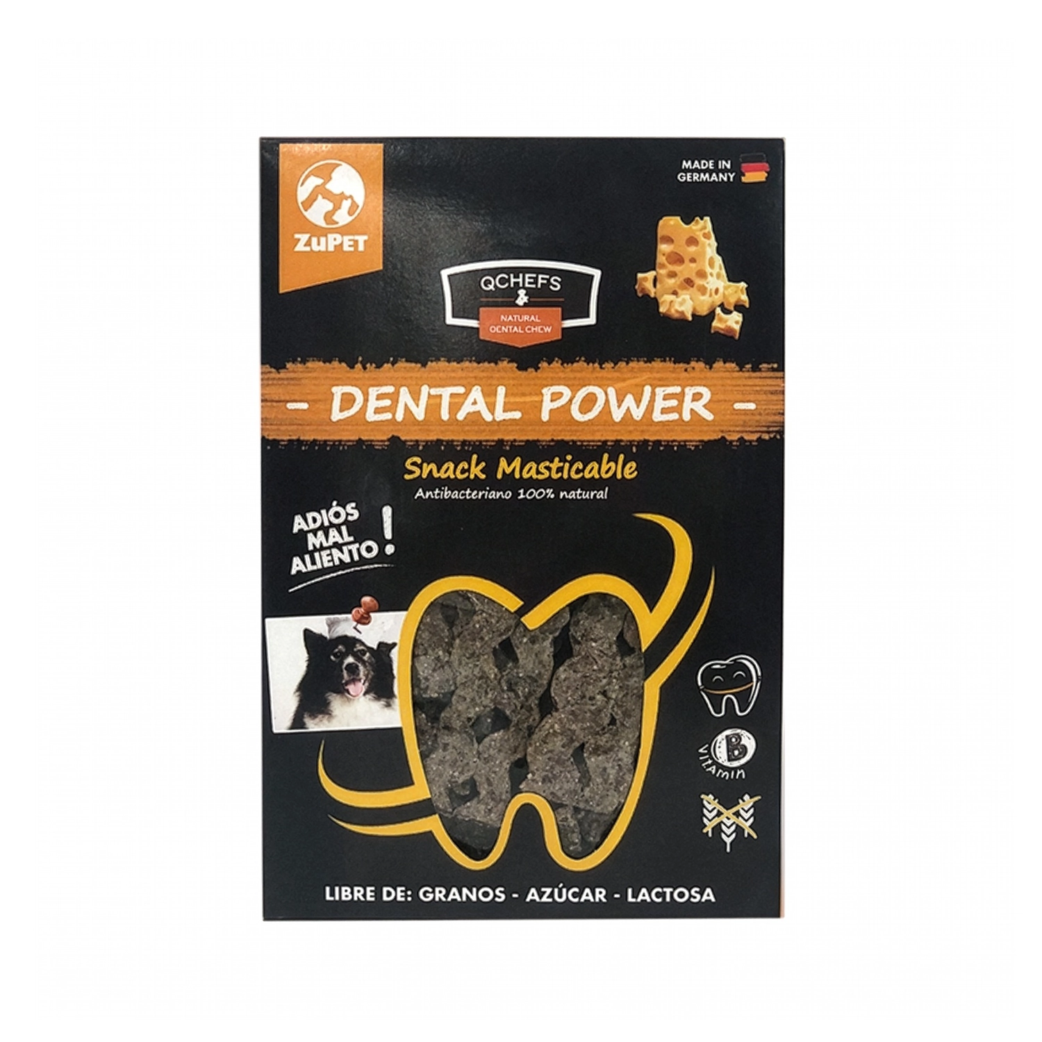 QChefs Masticable para Perros, snack dental natural en envase negro con piezas masticables y diseño de diente frontal.