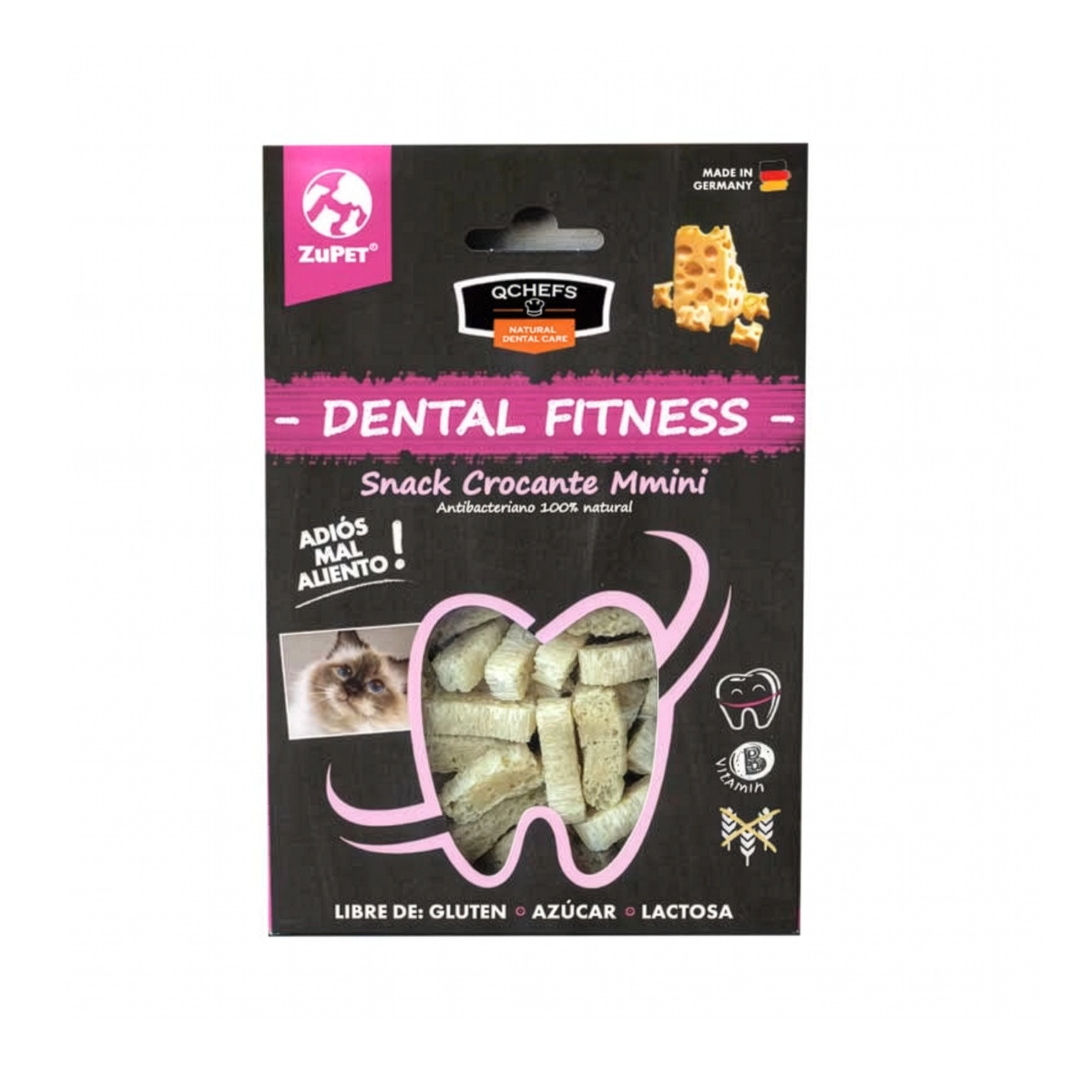 QChefs Mmini para Gatos, snack dental crocante en envase negro y rosado con piezas visibles en ventana con forma de diente.