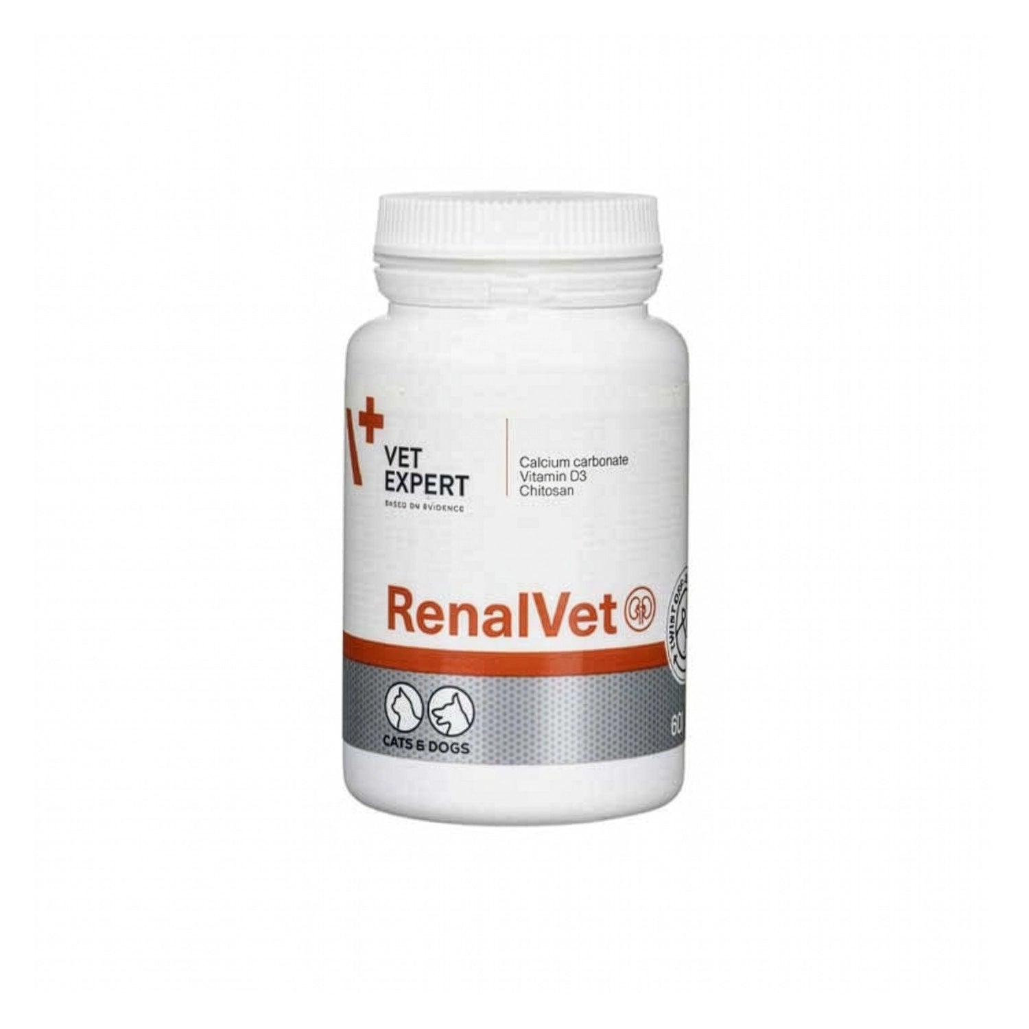 Vet Expert RenalVet en envase para gatos y perros con fórmula de calcio, vitamina D3 y quitosano.