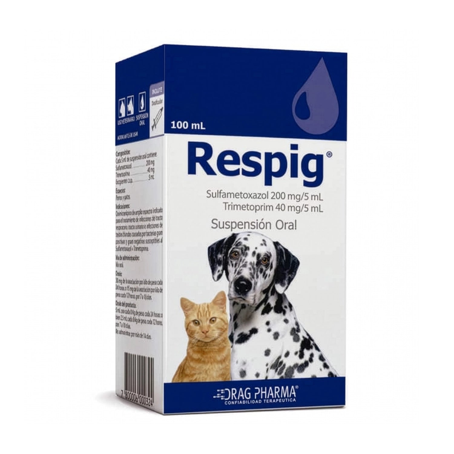 Caja de Respig Suspensión Oral para perros y gatos con imagen de dálmata y gato, fórmula veterinaria de 100 mL.