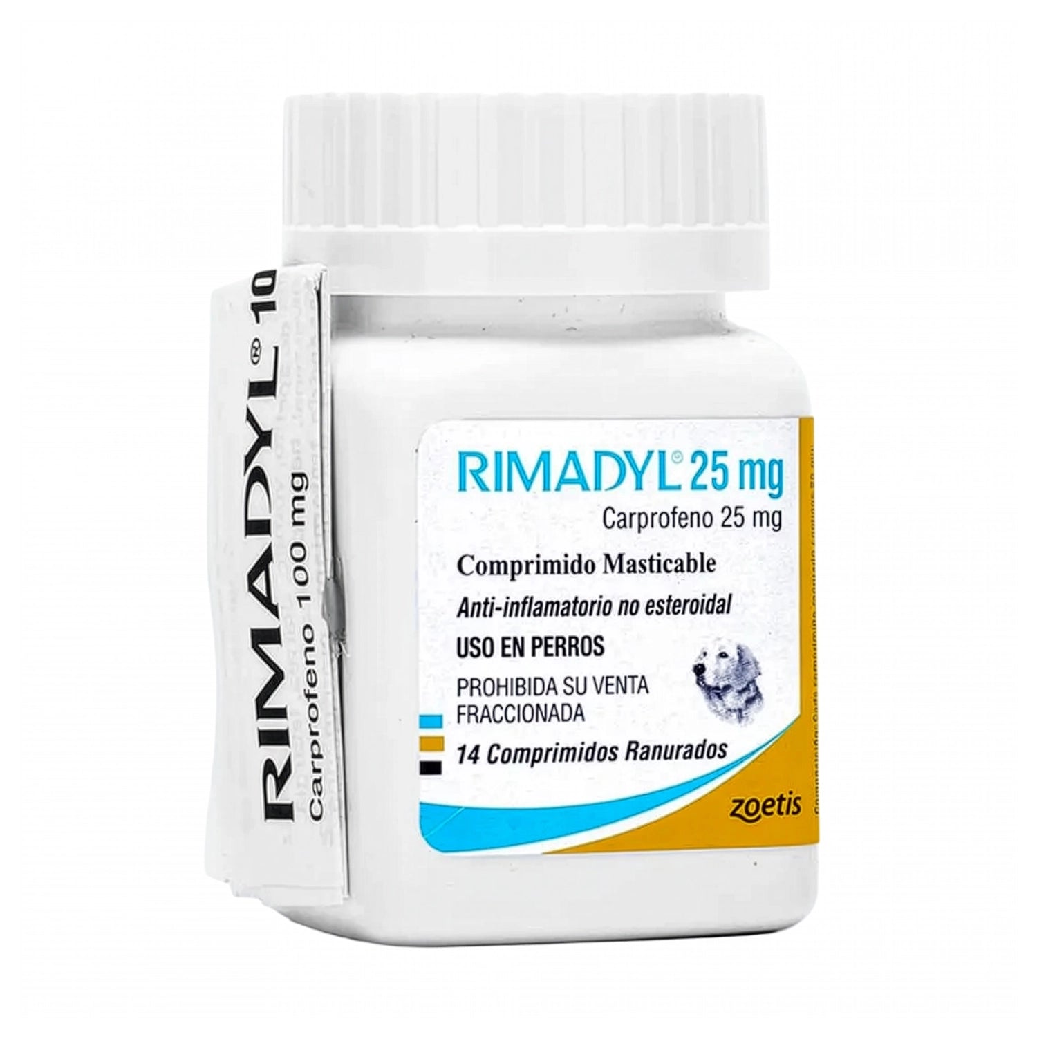 Rimadyl Anti-inflamatorio 25 mg para perros en frasco con comprimidos masticables de carprofeno y etiqueta Zoetis.