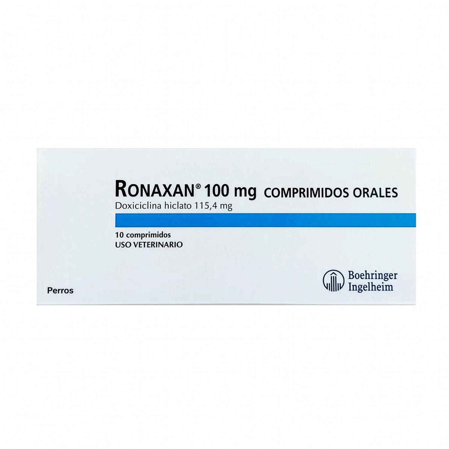 Ronaxan 100 mg comprimidos orales veterinarios para perros en caja blanca con detalle azul y logo Boehringer.
