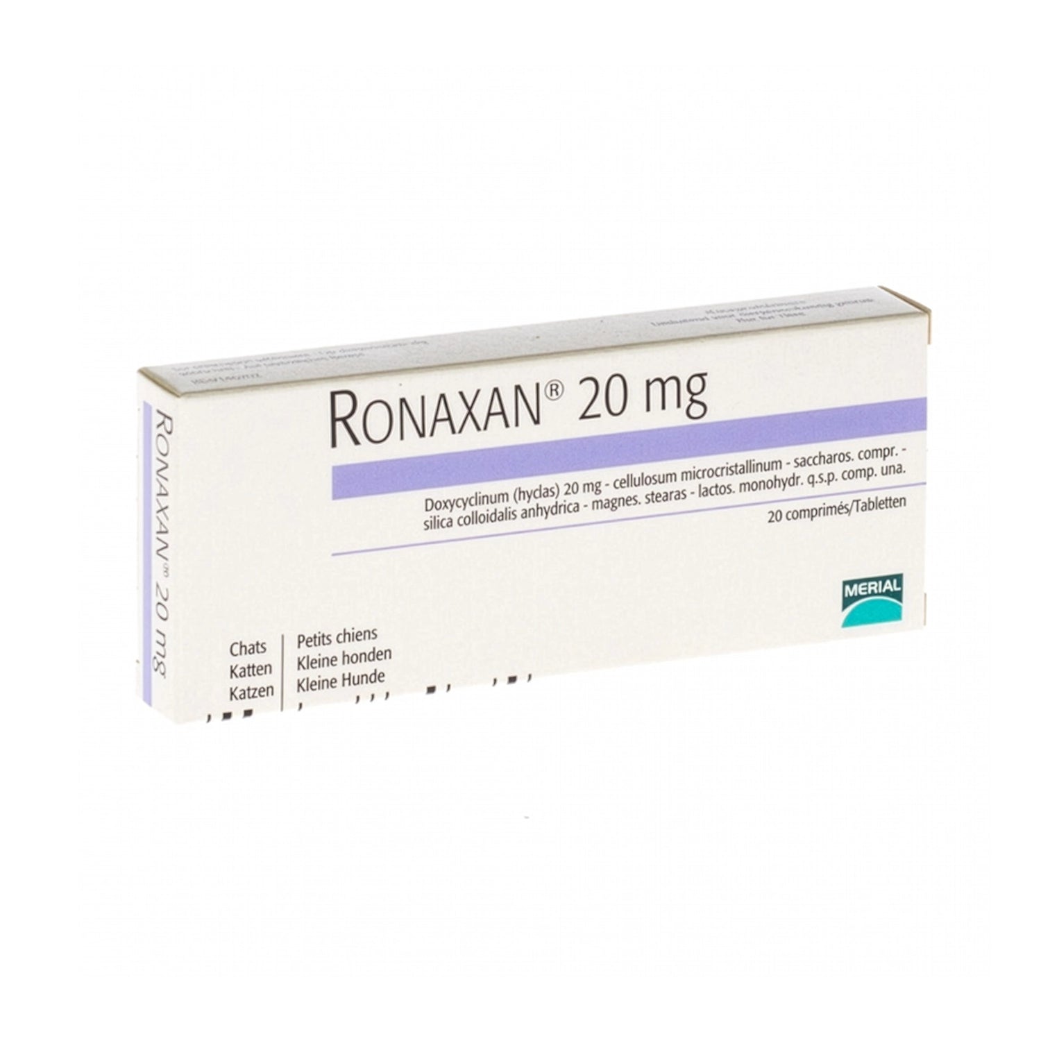 Ronaxan 20 mg en caja con 20 comprimidos veterinarios de doxiciclina para perros pequeños y gatos.