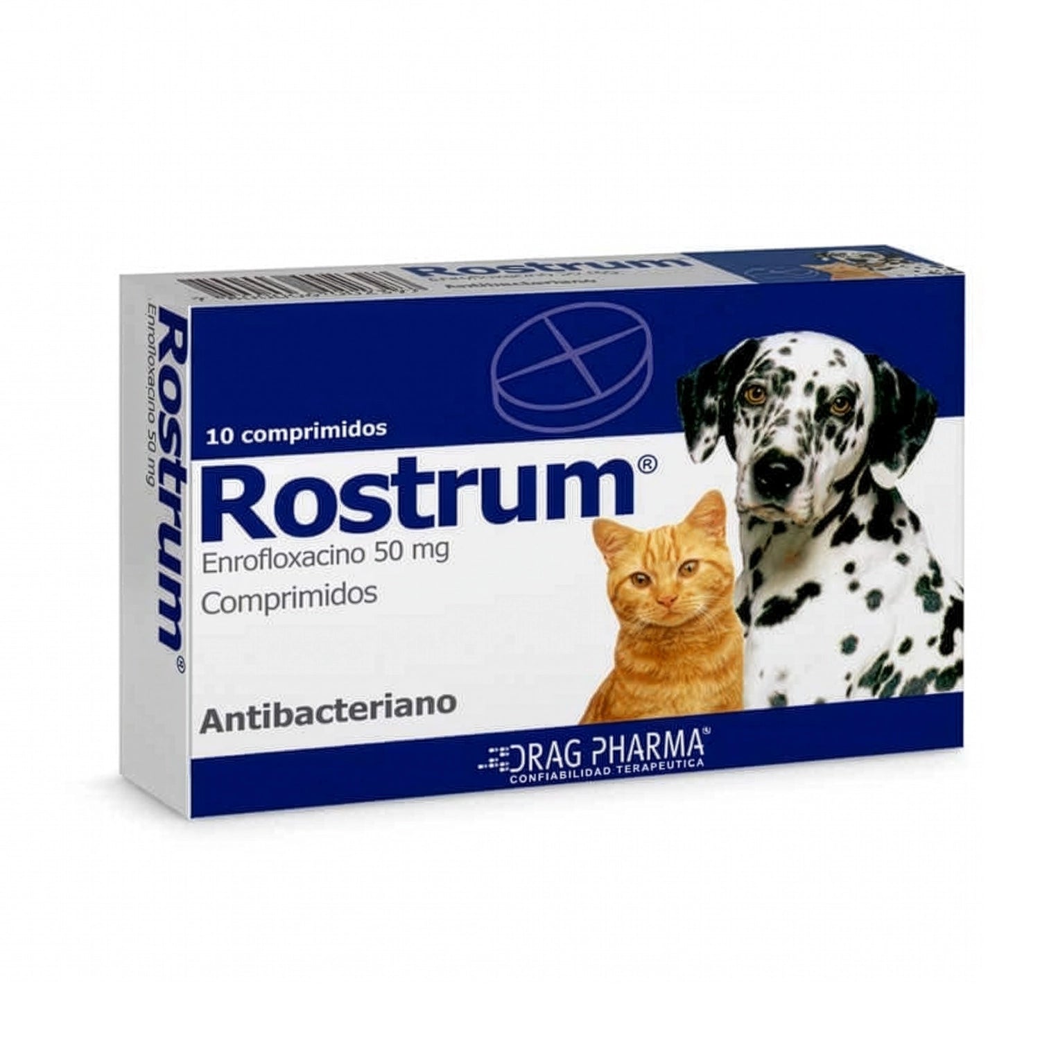 Rostrum 50 mg 10 comprimidos Drag Pharma antibacteriano veterinario con imagen de perro dálmata y gato naranja.