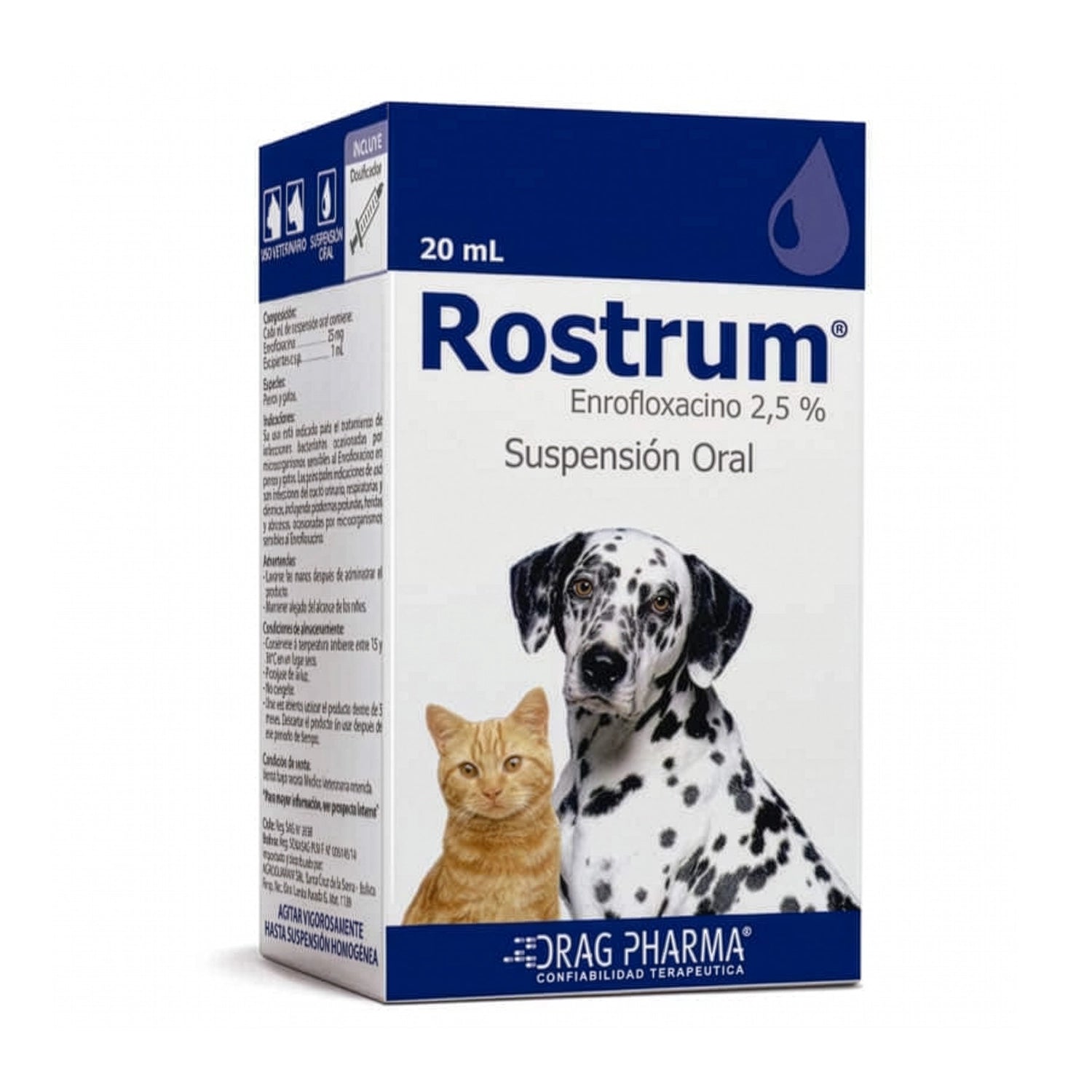 Caja de Rostrum 2,5% Suspensión Oral Drag Pharma para mascotas, presentación veterinaria con perro y gato.