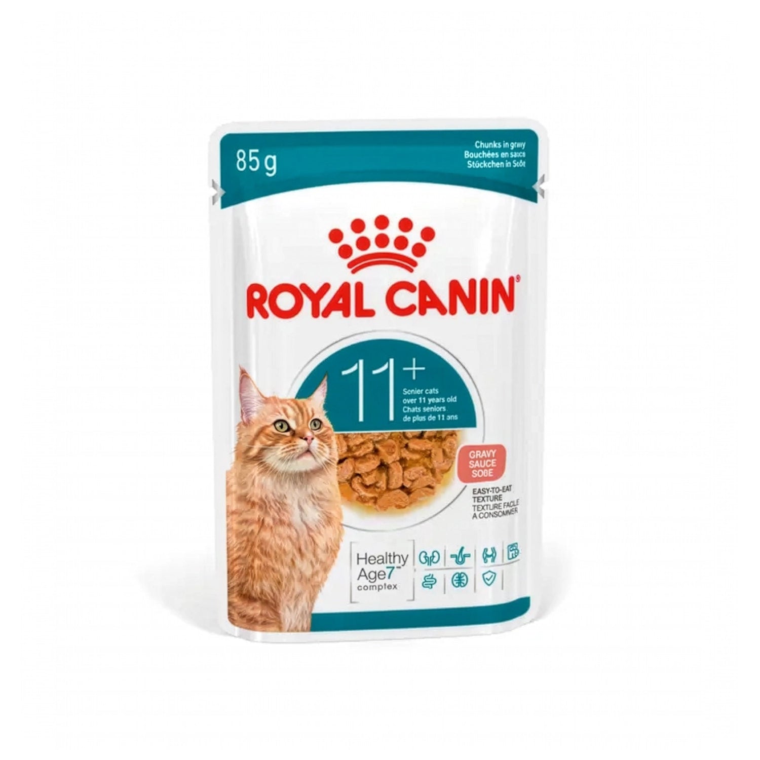 Royal Canin Pouch Gatos Ageing 11+, alimento húmedo para gatos senior con trozos en salsa, presentado en pouch de 85 g