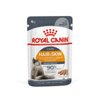 Royal Canin Pouch "Hair & Skin" Gatos comida húmeda para piel y pelaje, sobre con gato y trozos en salsa visibles
