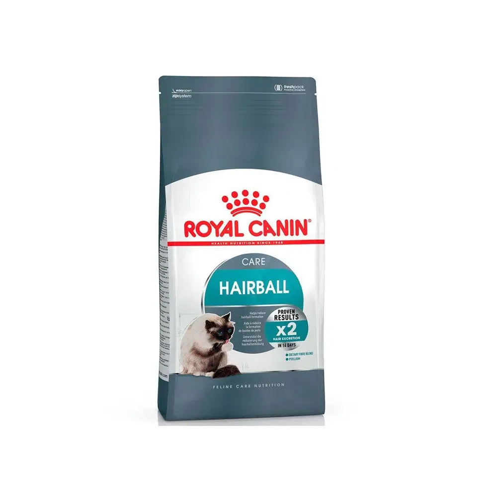 Bolsa Royal Canin Gatos Hairball Care comida para gatos con diseño gris, imagen de gato y beneficios para reducir bolas de pelo