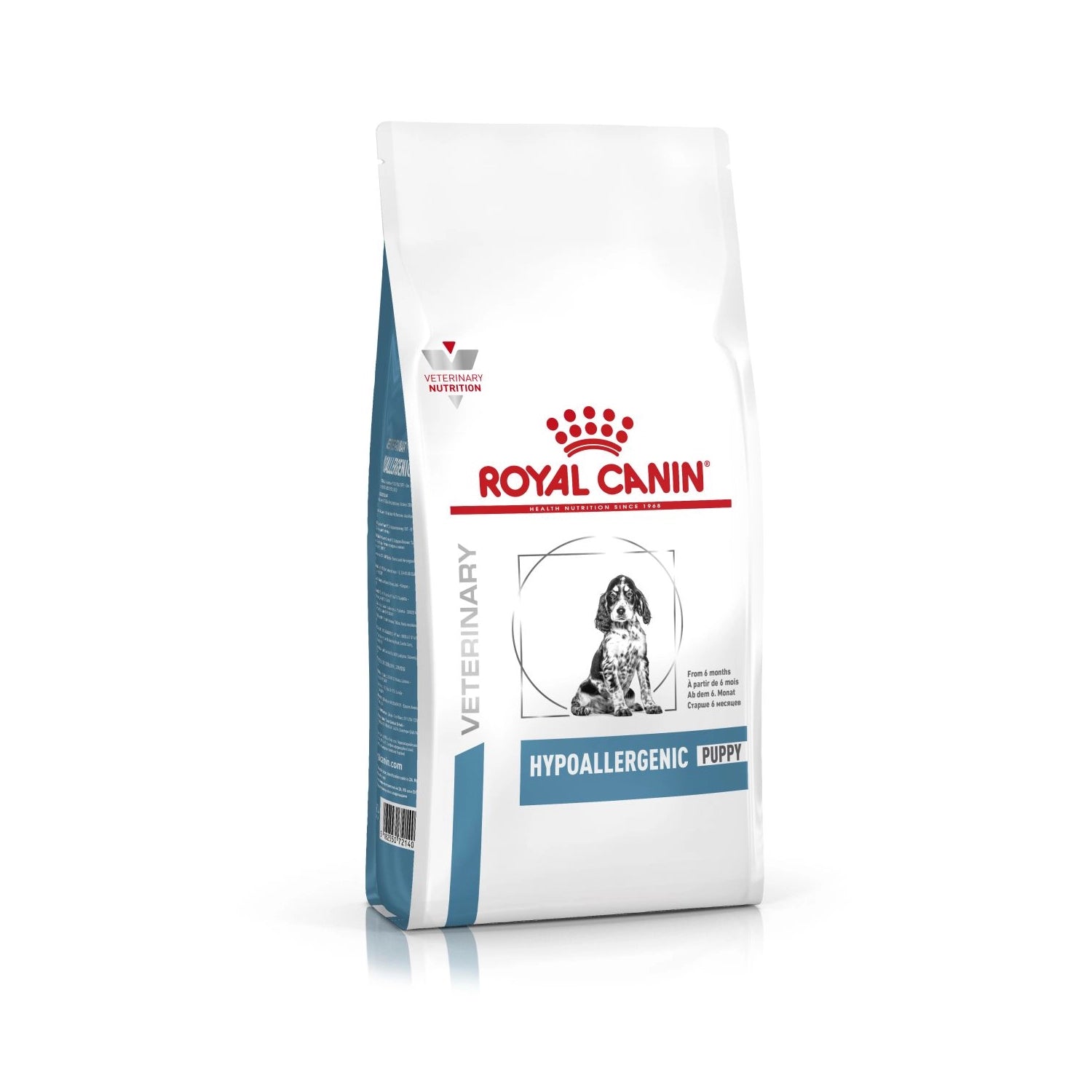 Royal Canin Hypoallergenic para Cachorros en bolsa veterinaria blanca y azul, alimento especializado para perros jóvenes sensibles.