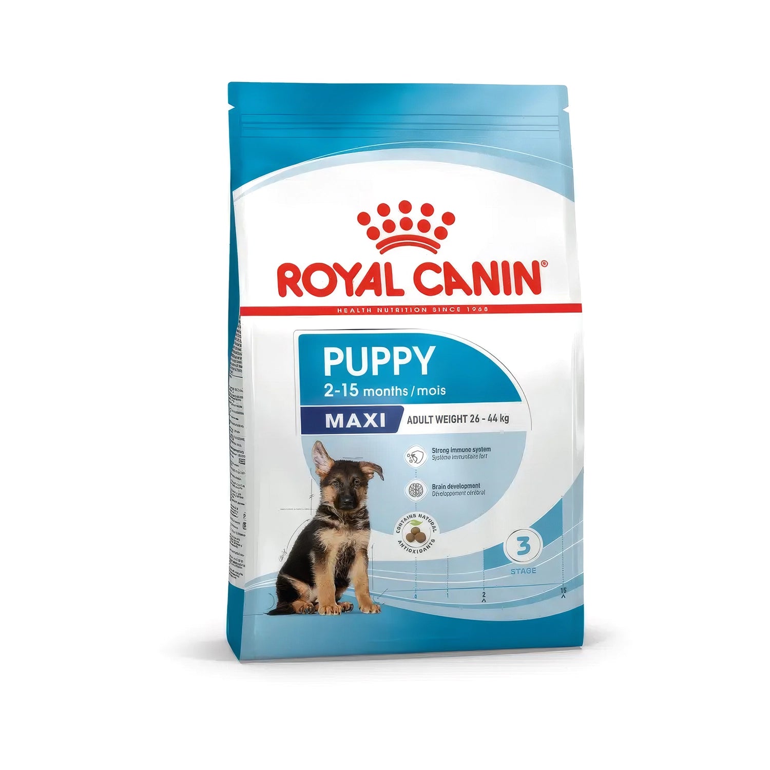 Royal Canin MAXI Puppy en bolsa de alimento para cachorros de razas grandes, con imagen de cachorro y fórmula de crecimiento.