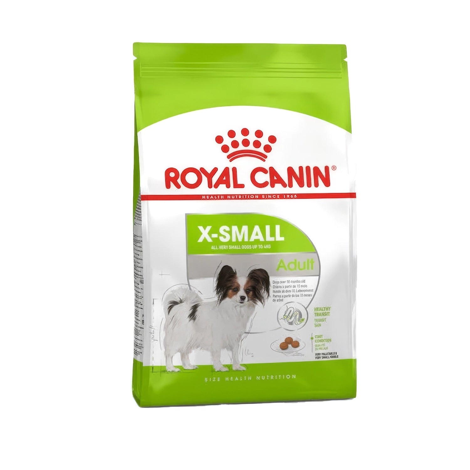 Royal Canin X-Small Perro Adulto en bolsa verde y blanca, alimento seco para perros adultos de razas muy pequeñas.