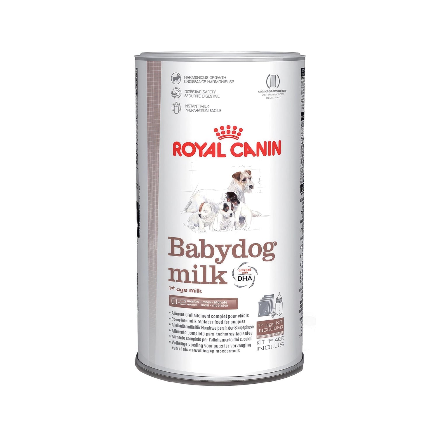 Royal Canin Babydog Milk Leche para Cachorros en lata, fórmula láctea para cachorros de 0 a 2 meses con DHA y kit incluido.