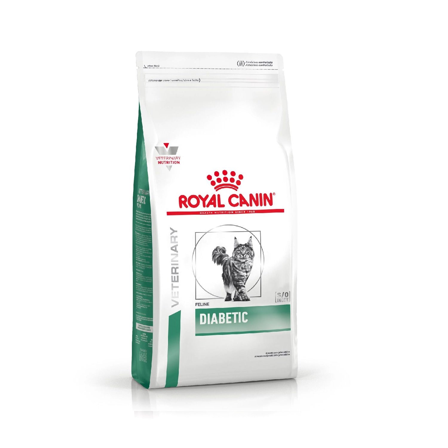 Royal Canin Diabetic para Gatos alimento seco veterinario para control de glucosa, saco blanco con detalles verdes y gato