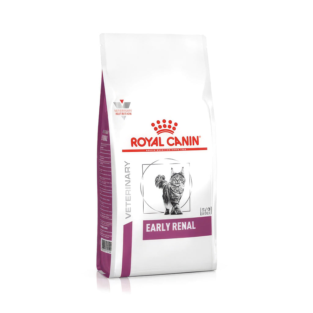 Royal Canin Early Renal para Gatos en bolsa blanca y morada, alimento veterinario formulado para el soporte renal felino.