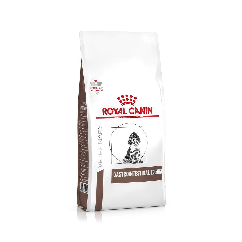 Royal Canin Gastrointestinal Puppy comida seca para salud digestiva, bolsa blanca con diseño clínico y logo rojo visible