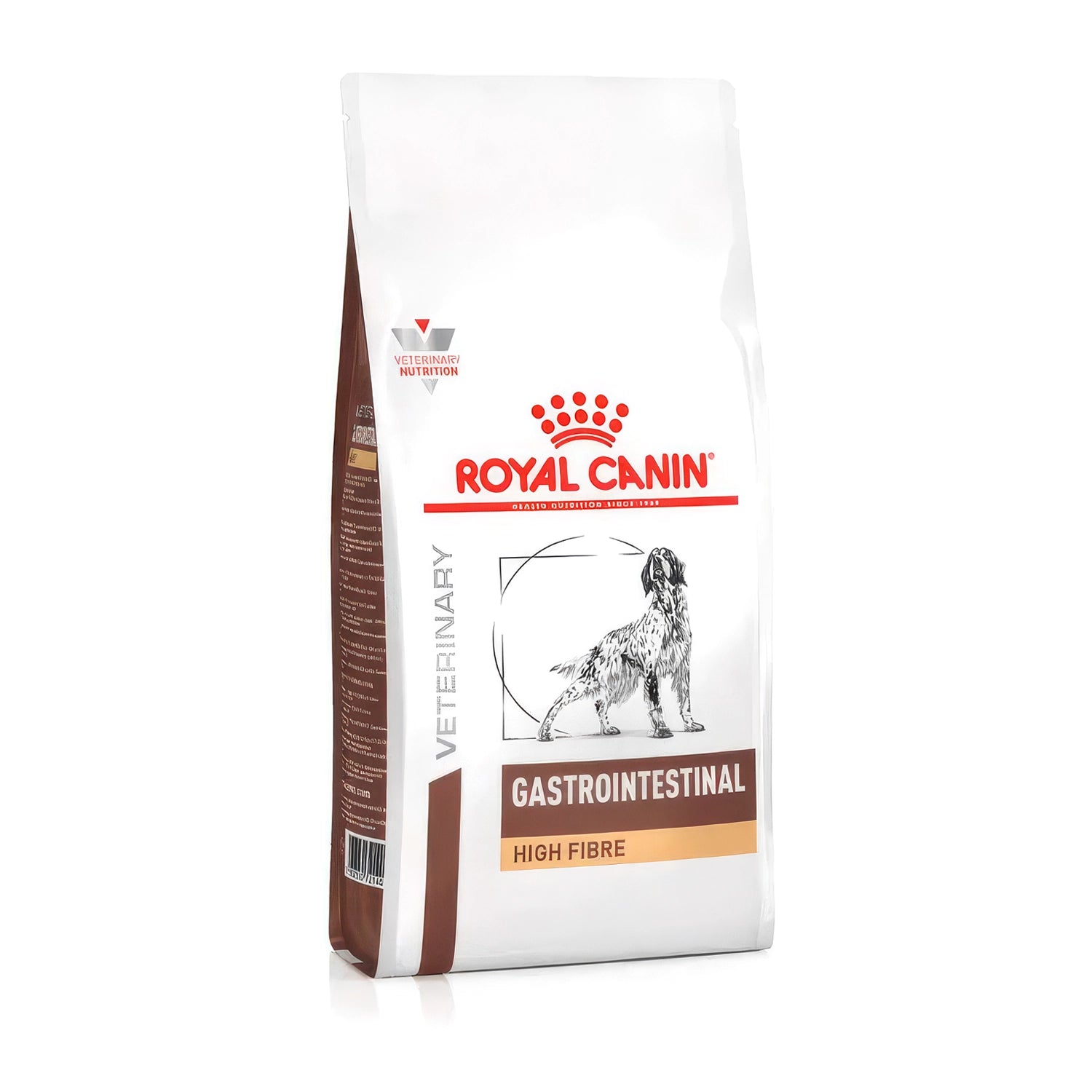 Royal Canin Gastrointestinal High Fibre para Perros en bolsa veterinaria blanca y marrón, alimento seco rico en fibra digestiva.