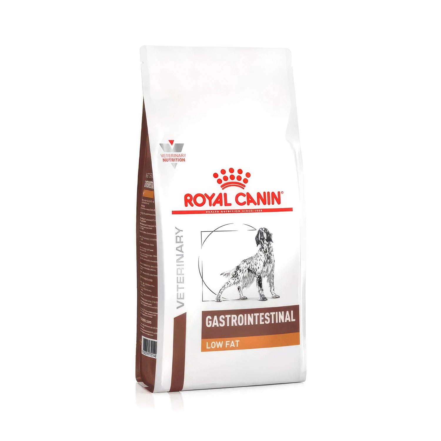 Royal Canin Gastrointestinal Low Fat para Perros en bolsa veterinaria blanca y marrón, alimento seco para salud digestiva.