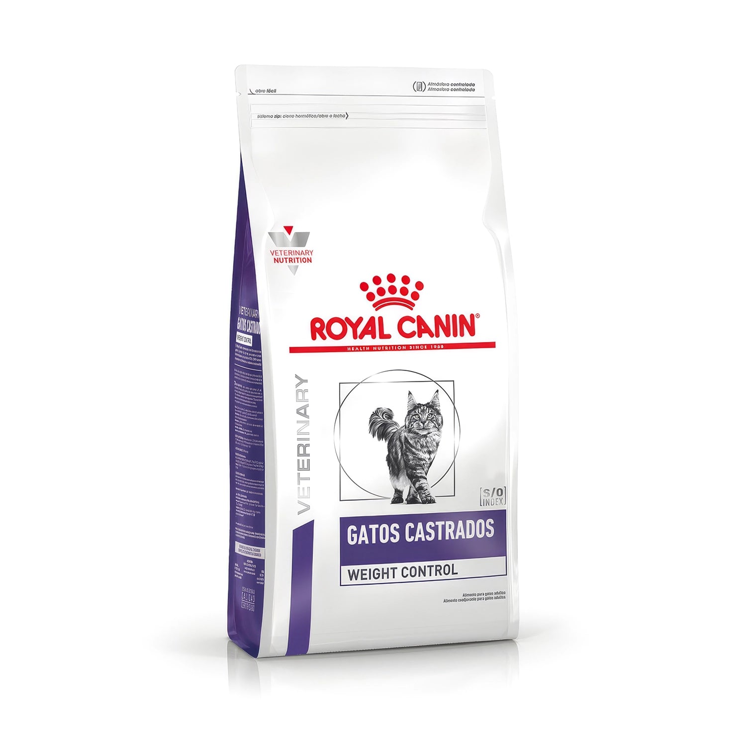 Royal Canin Weight Control para Gatos Castrados alimento seco veterinario, saco blanco con detalles morados y gato adulto