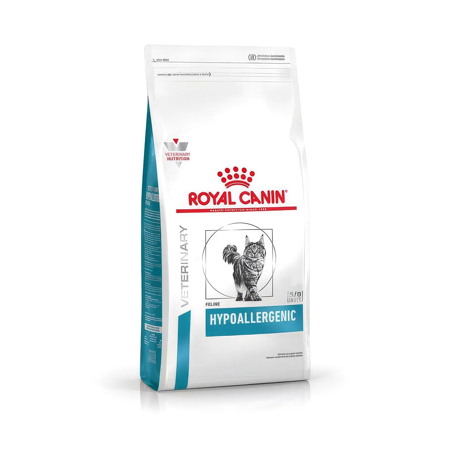 Royal Canin Hypoallergenic para Gatos comida seca hipoalergénica, bolsa blanca con diseño clínico y logo rojo visible