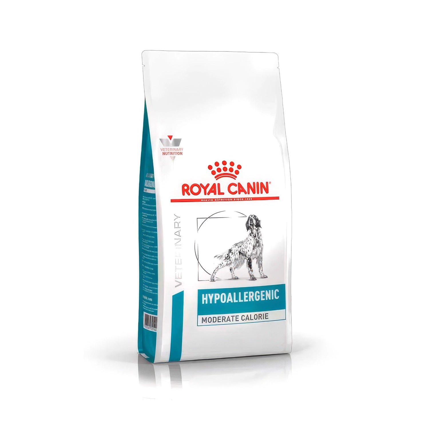 Royal Canin Hypoallergenic Moderate Calorie para Perros alimento seco especializado, saco blanco con etiqueta turquesa y gráfico de perro