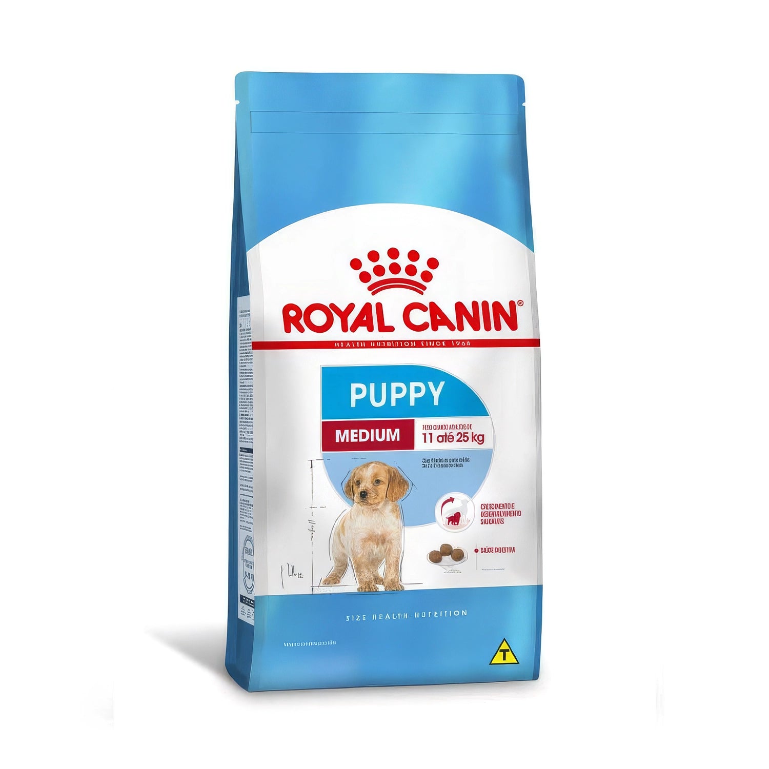 Royal Canin Medium Puppy en bolsa azul y blanca con imagen de cachorro, alimento seco para perros medianos en crecimiento.