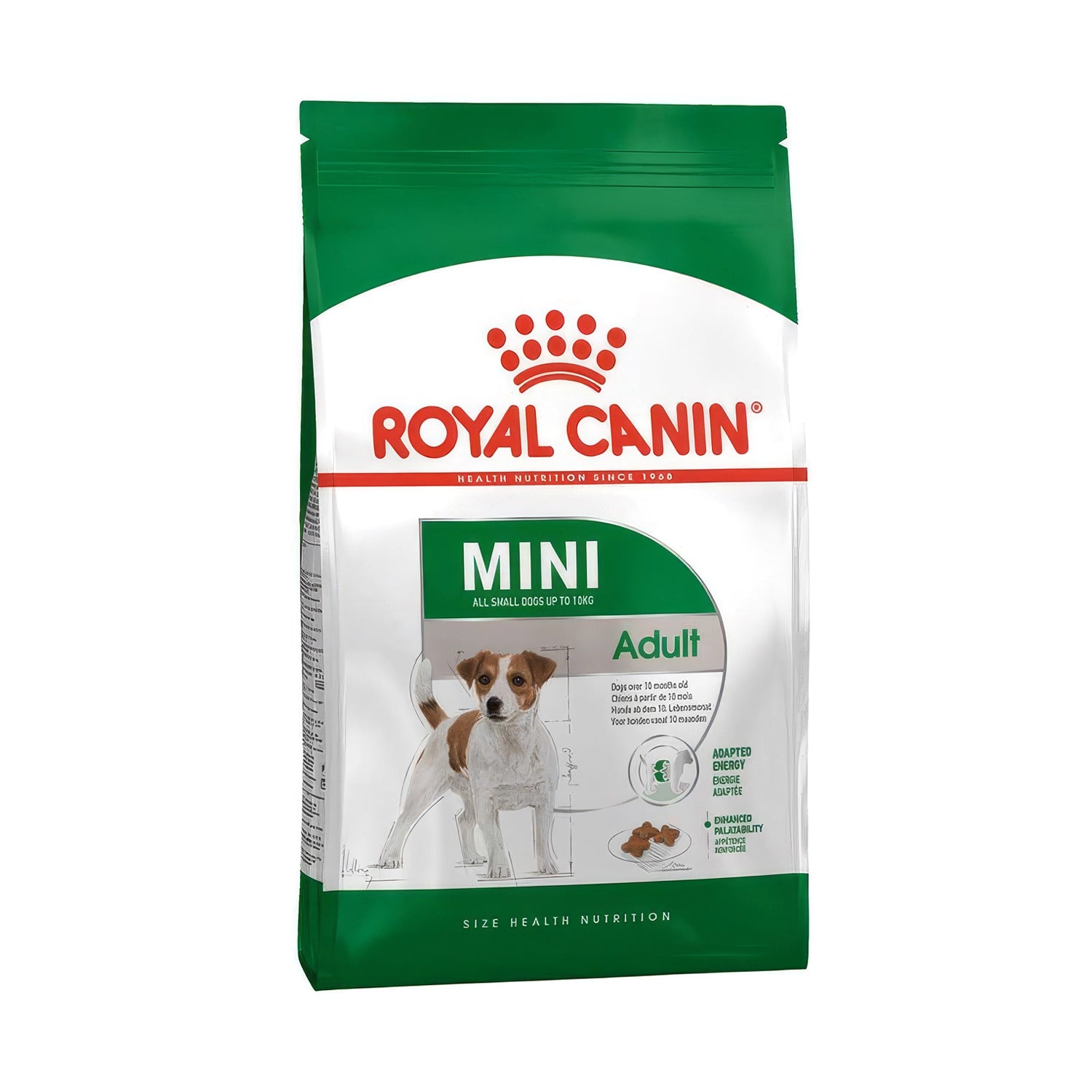 Bolsa de Royal Canin Mini Perro Adulto comida para perros de raza pequeña hasta 10 kg con diseño verde y croquetas visibles