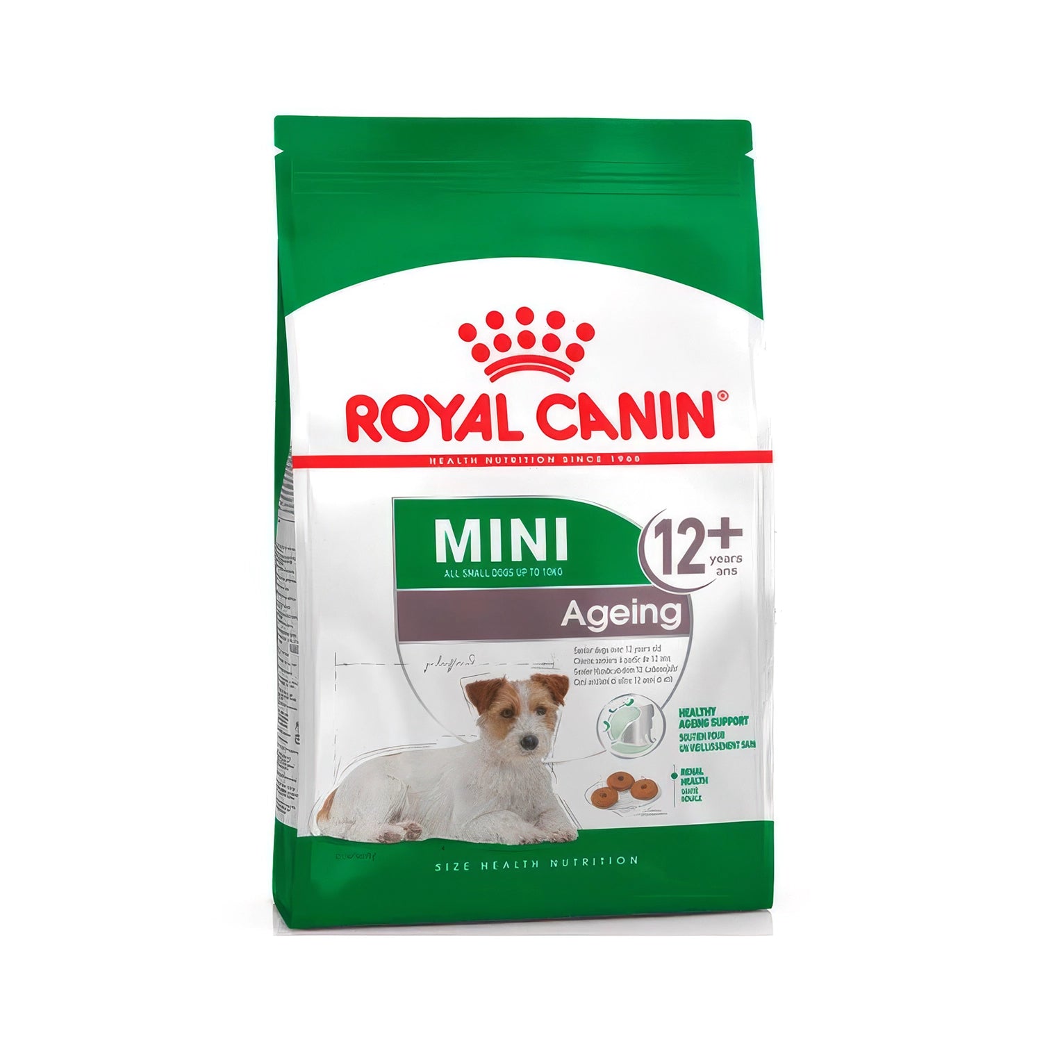 Bolsa de Royal Canin Mini Perro Ageing 12+ comida para perros mayores de raza pequeña con diseño verde y croquetas visibles