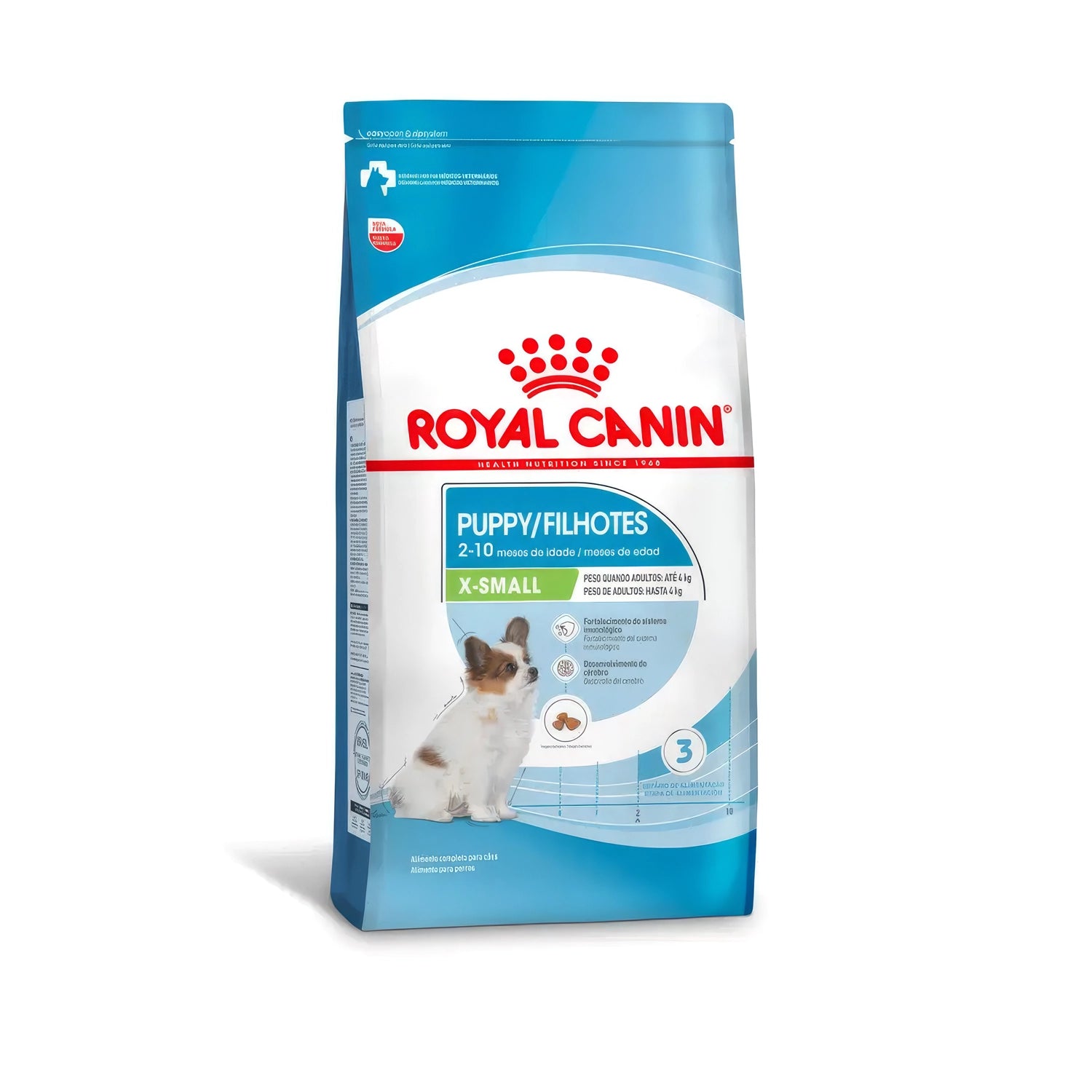 Royal Canin X-Small Puppy en bolsa de alimento seco para cachorros de razas pequeñas, con imagen de perro y diseño azul.