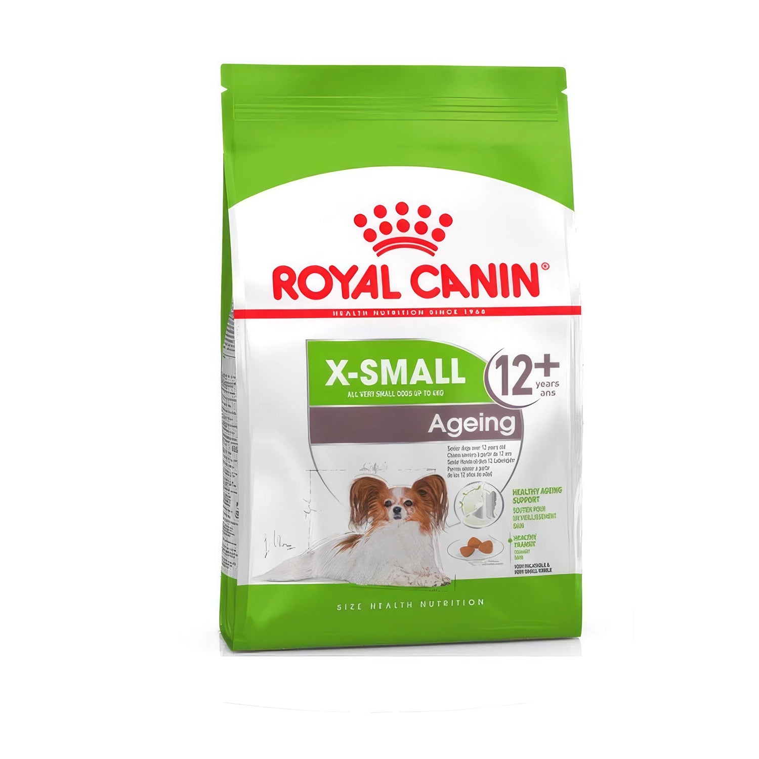 Royal Canin X-Small Perro Ageing 12+ alimento para perros senior en envase verde con imagen de perro pequeño y croquetas visibles
