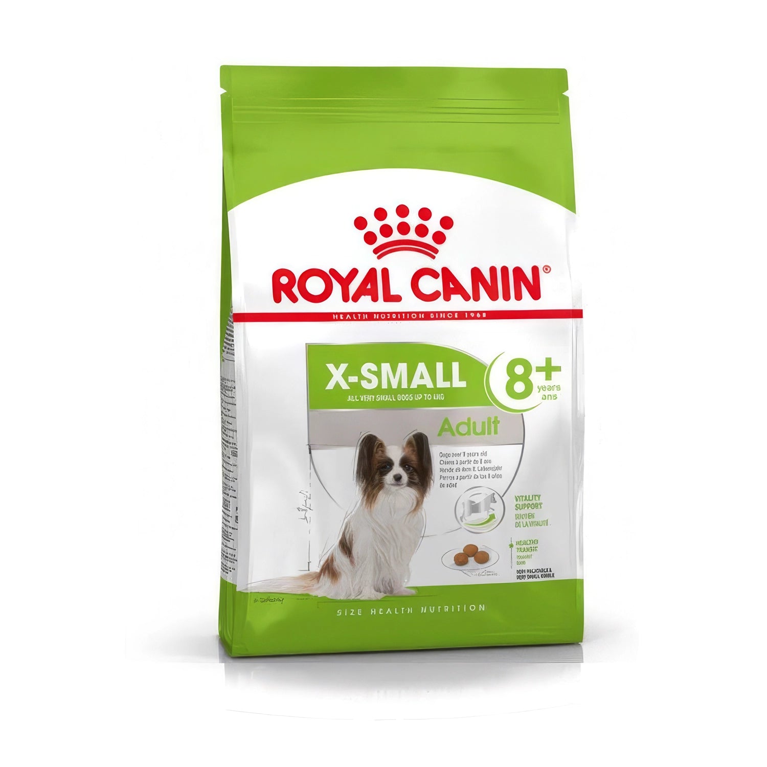 Royal Canin X-Small Perro Adulto 8+ en bolsa verde y blanca, alimento seco para perros senior de razas muy pequeñas.