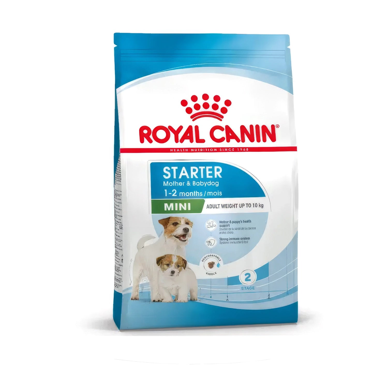Bolsa de Royal Canin Mini Starter Mother & Babydog comida para cachorros 1-2 meses y madre con diseño azul y perros