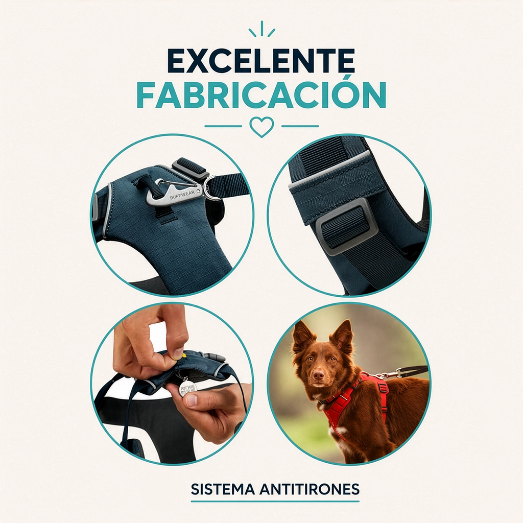 Arnés para Perros "Front Range" Ruffwear, con acolchado, cuatro puntos de ajuste y anillo metálico para correa.